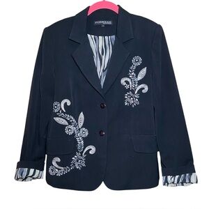 Statement Embellished Black Blazer Jacket Floral Rhinestone Detail Size 8